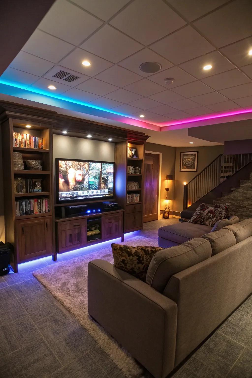 A basement TV area with temper illumination that can be adjusted to fashion diverse ambiances.