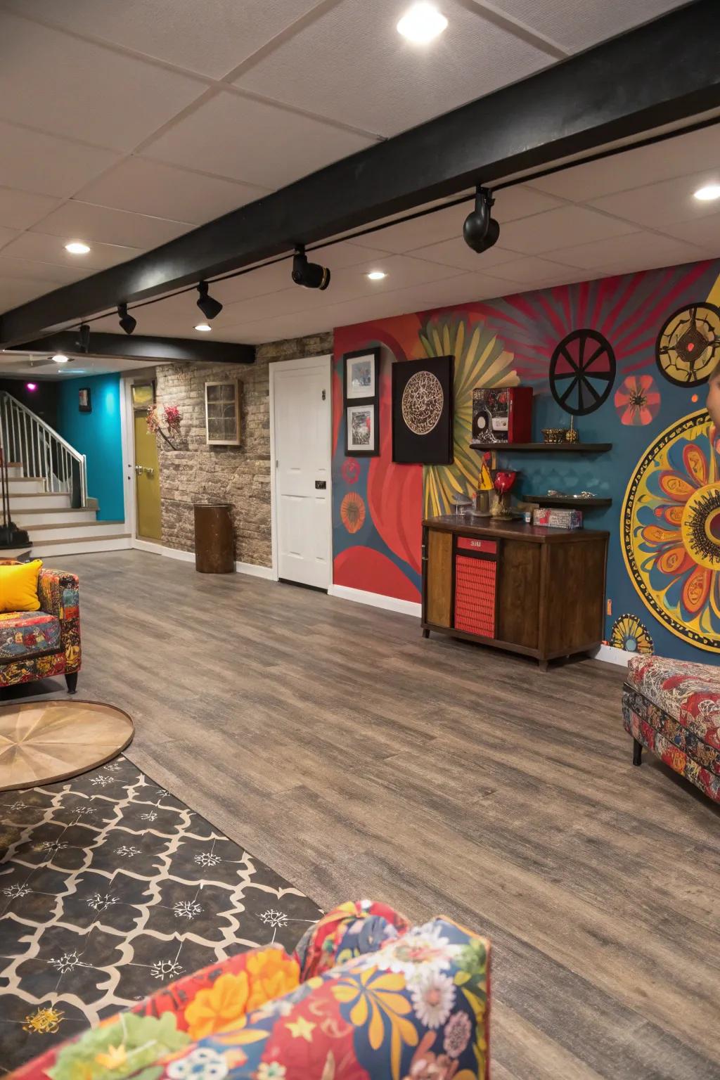 Vinyl flooring with mixed materials adds a diverse touch.