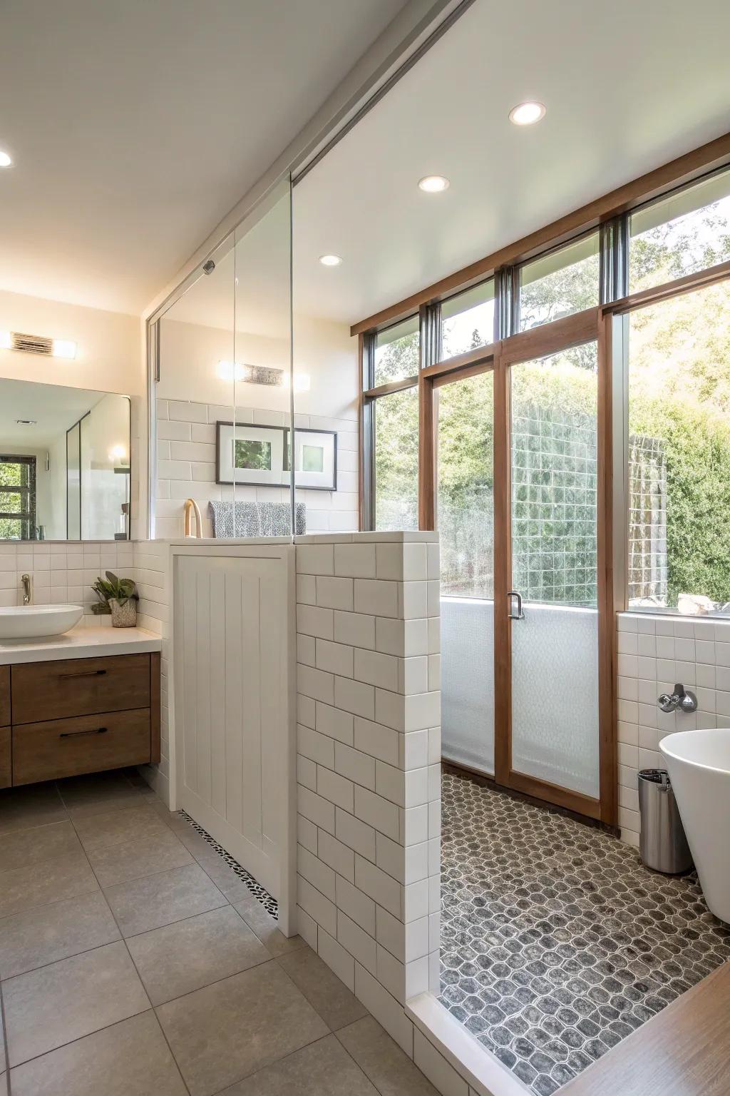 Half wall dividers maintain openness while providing separation.
