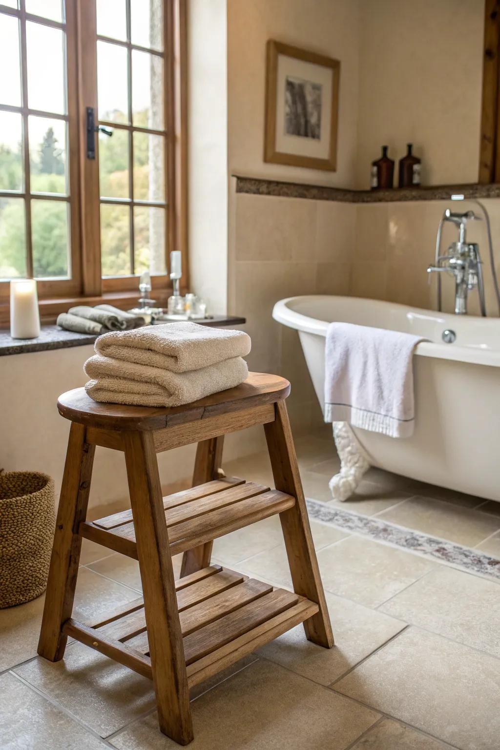 A stool or chair adds an unexpected twist to towel storage.