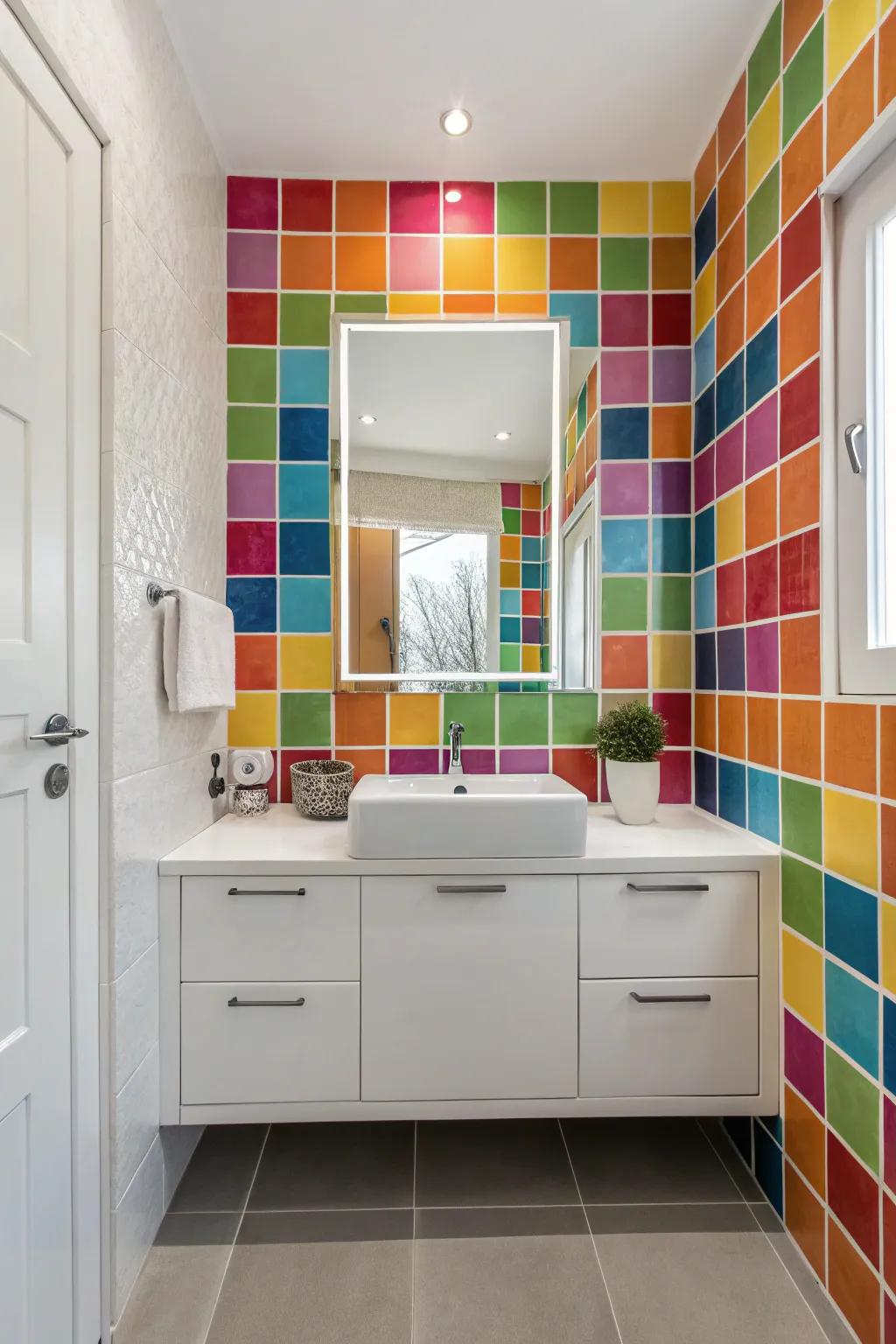 A bathroom layout that captivates with bold colors and patterns.