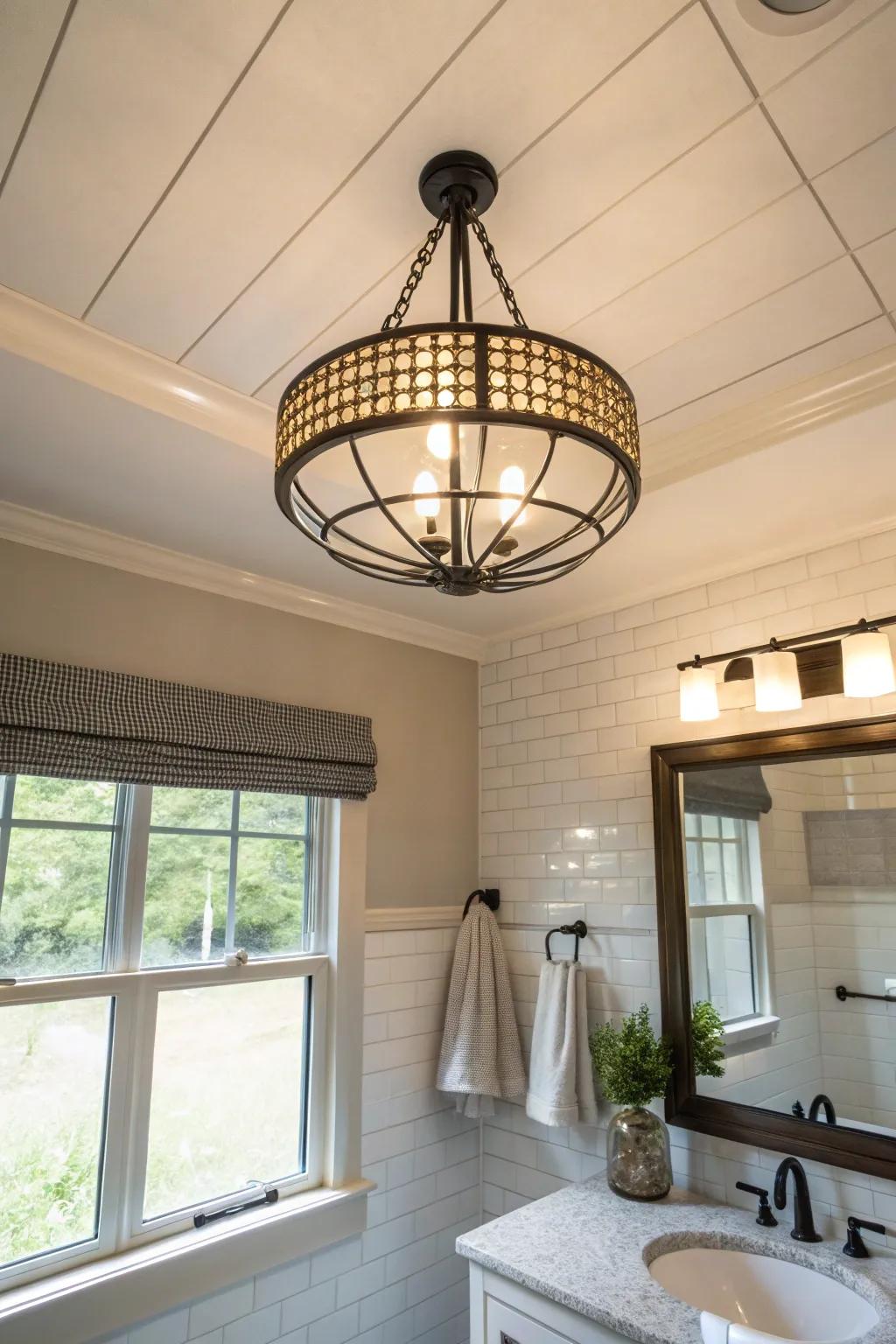 Ceiling lights serve as functional statement pieces.