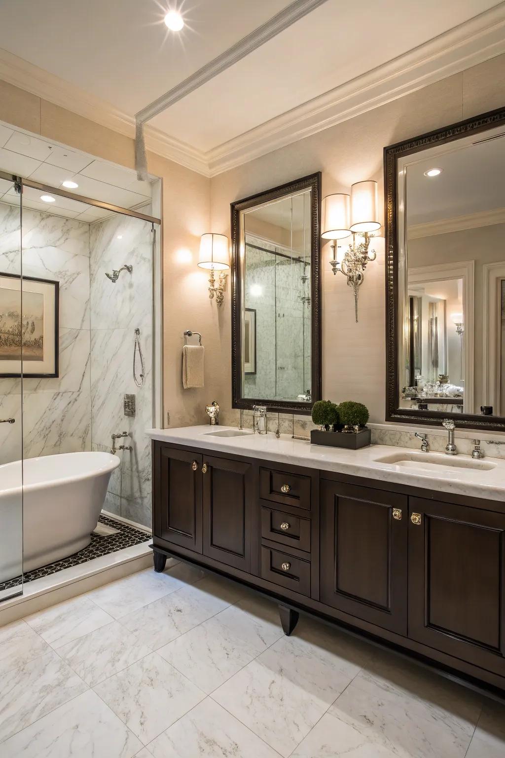 Beveled mirrors add depth and elegance to the bathroom.