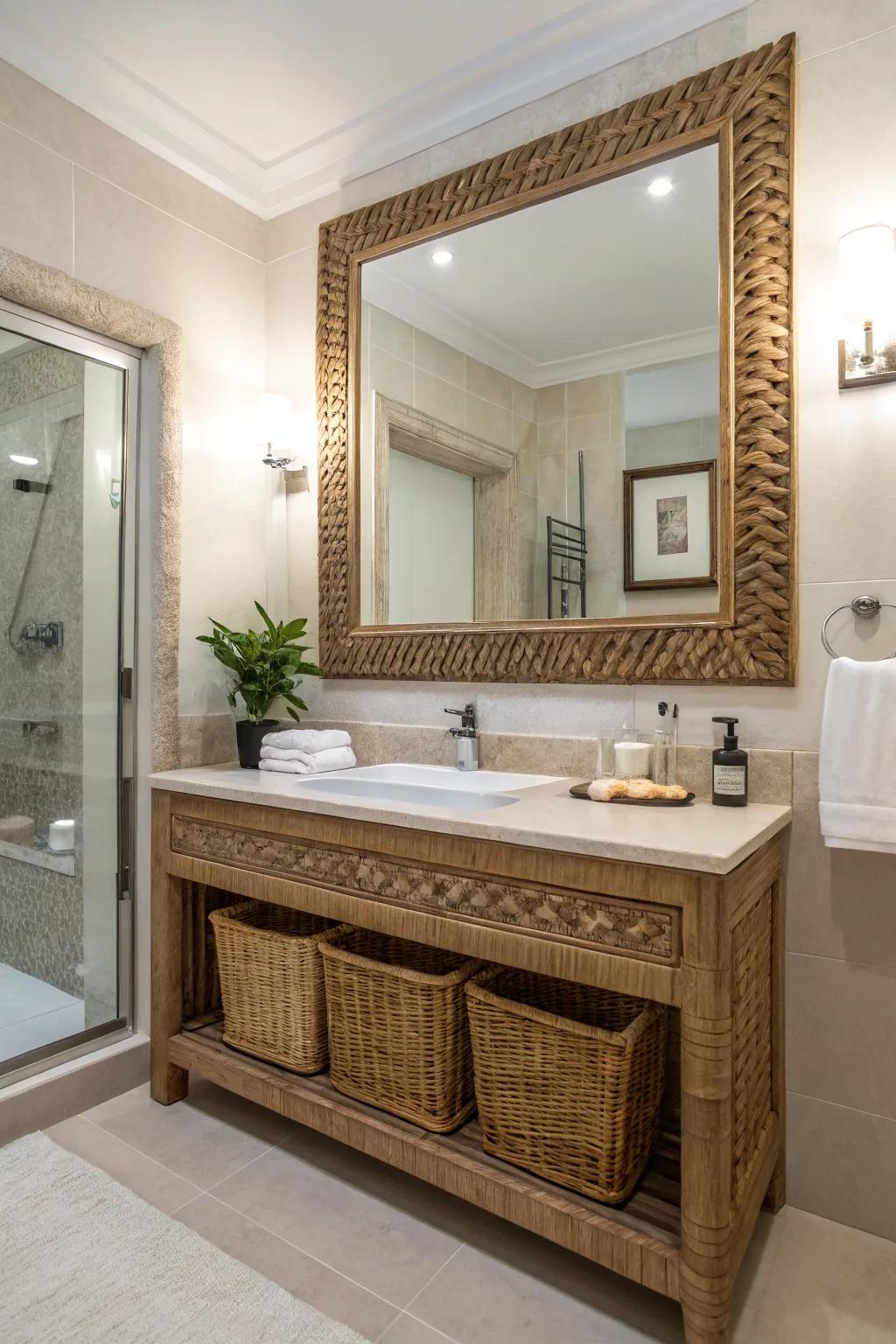 Natural trims can bring warmth and texture to your bathroom.