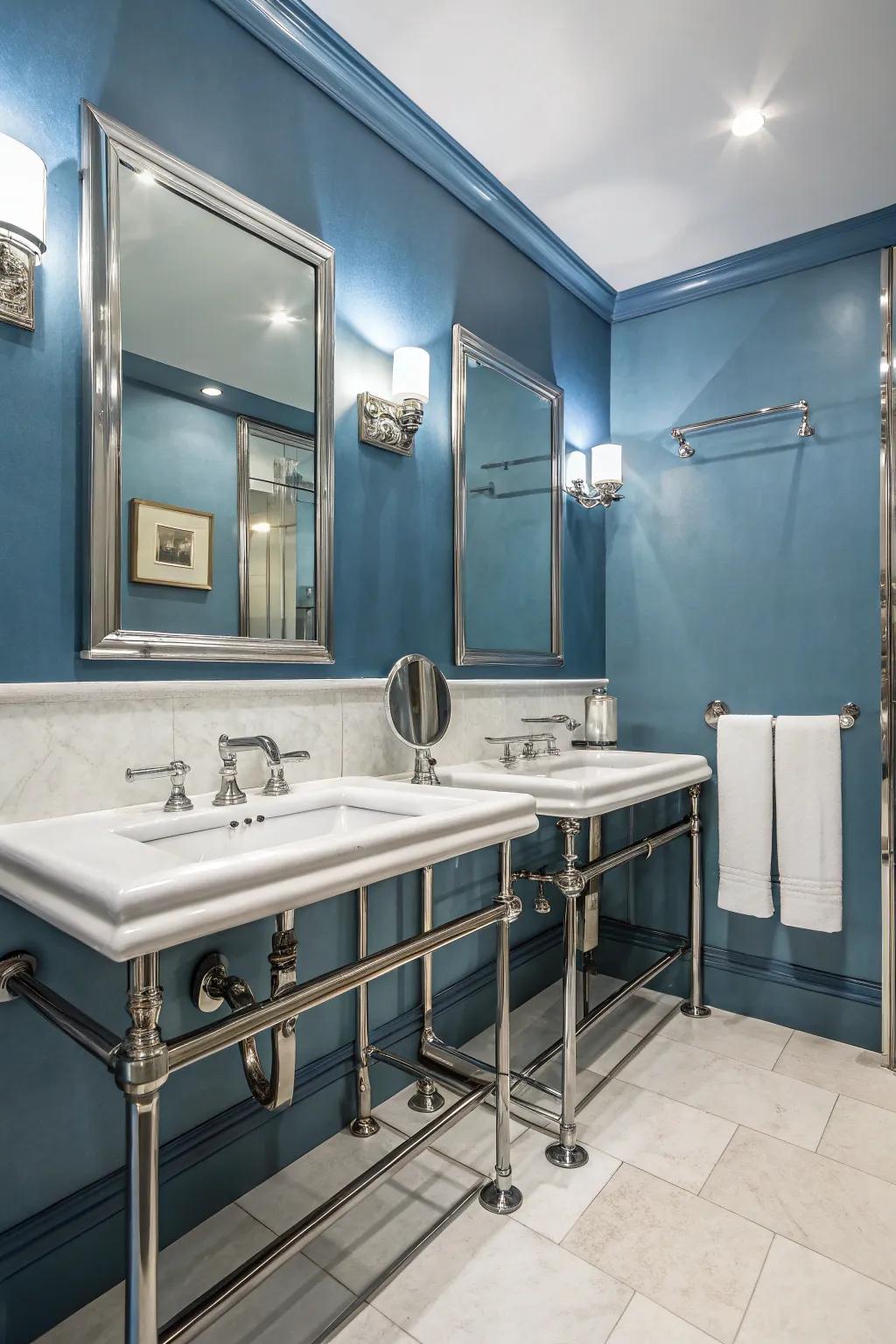 Steel blue walls create a smooth, modern bathroom feel.