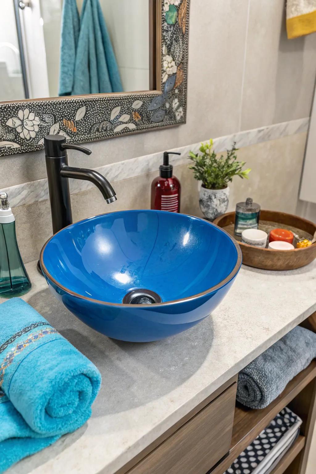 A colorful sink makes a daring statement in your bathroom.