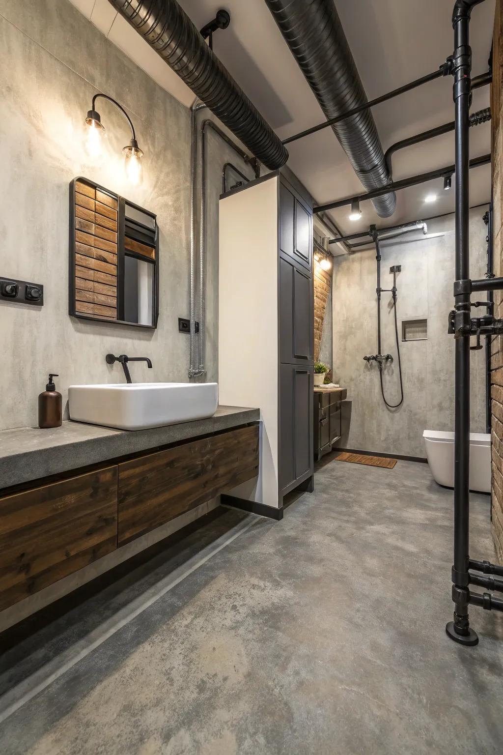 Concrete-look resilient flooring adds an industrial edge to this modern bathroom.