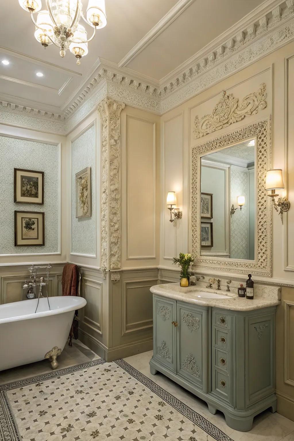 Wall moulding adds architectural interest to bathroom walls.