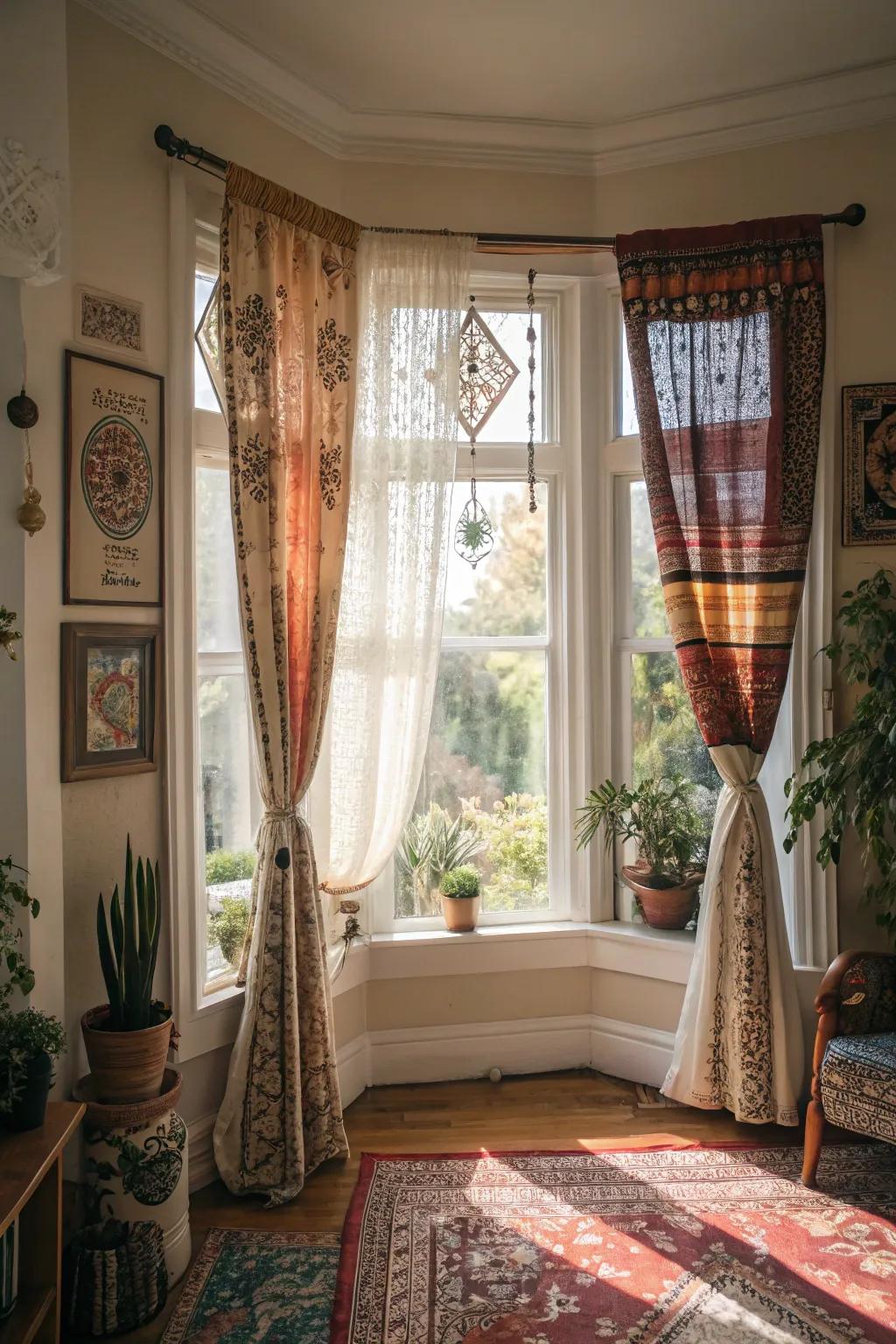 Boho curtains introduce a relaxed and artistic vibe to bay windows.