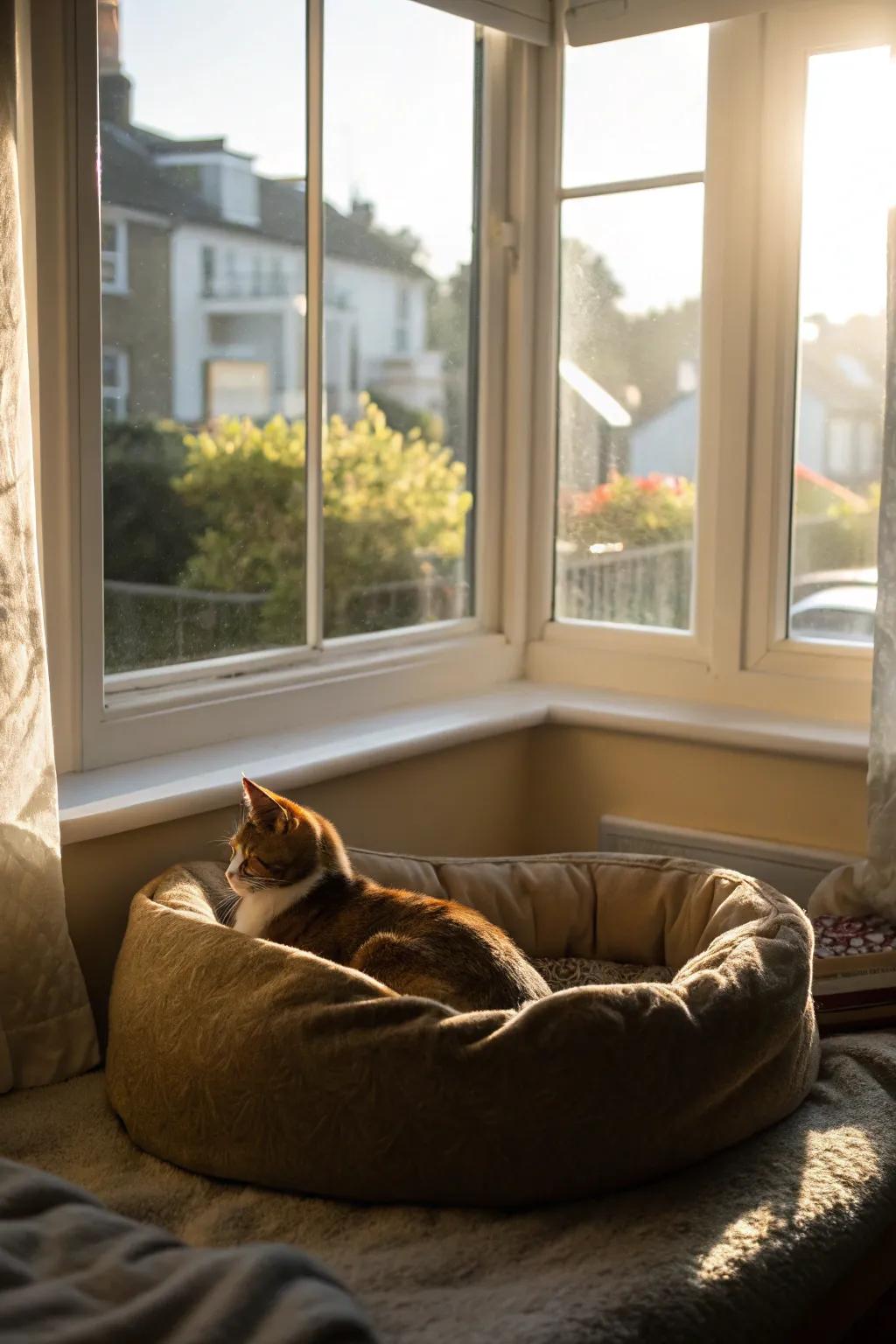 An animal-friendly lookout in the bay window creates a sun-drenched perch for your furry friend.