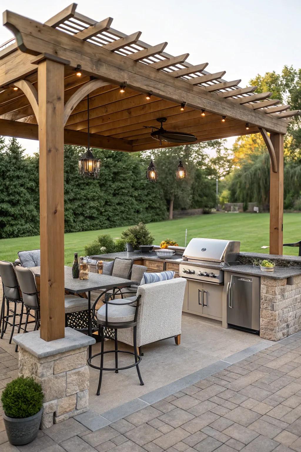 Enjoy a shady place with a pergola BBQ island.