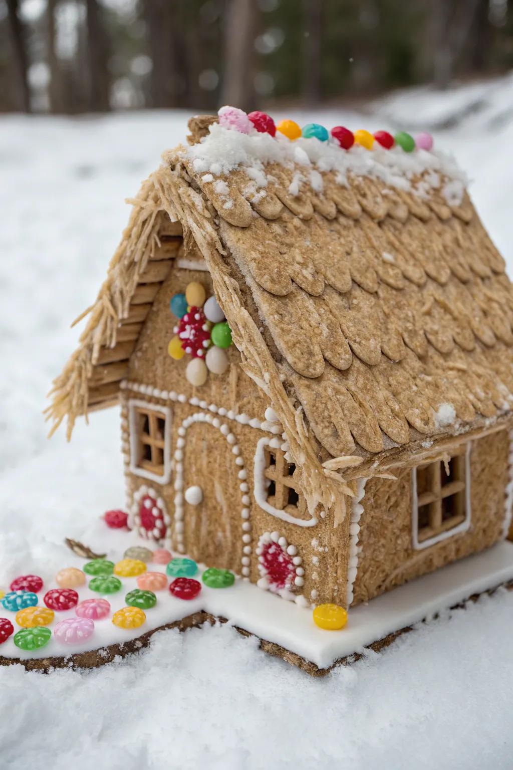 A hut roof imparts the gingerbread house with a snug beach shack semblance.