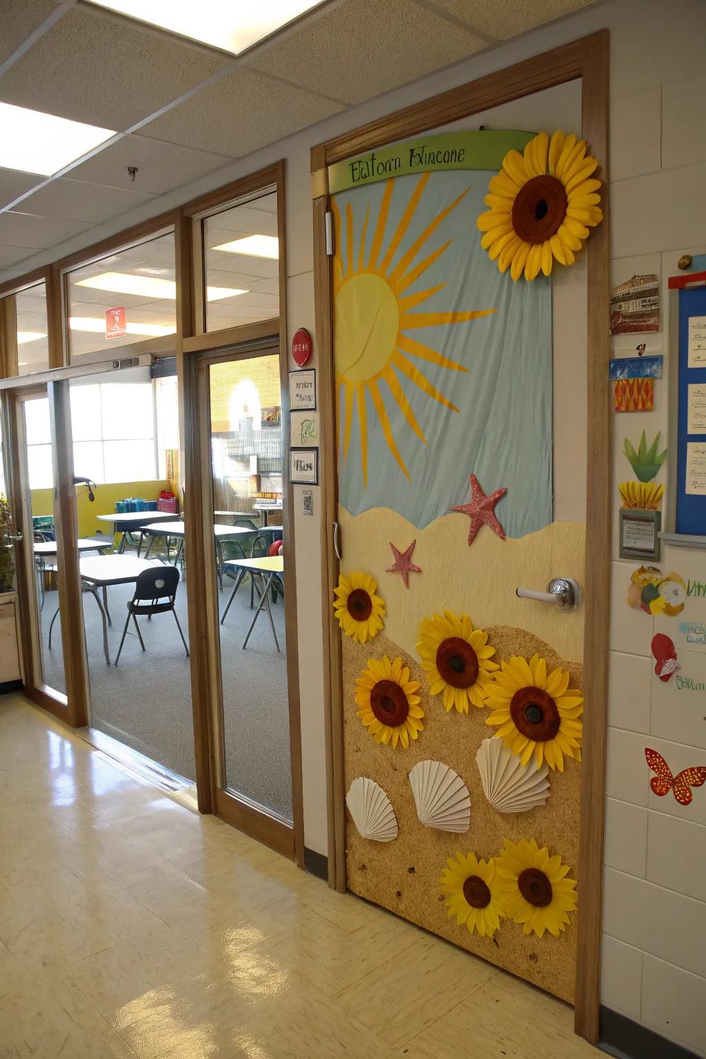 A classroom door with a cheerful sun and sand theme.