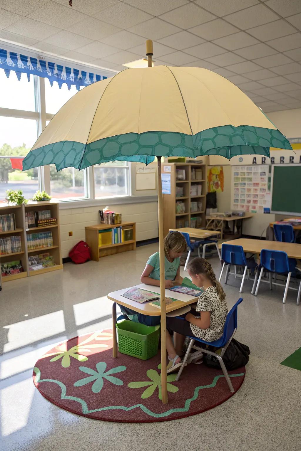 A beachside shade adds a whimsical and functional touch to the classroom décor, creating a cozy reading space.