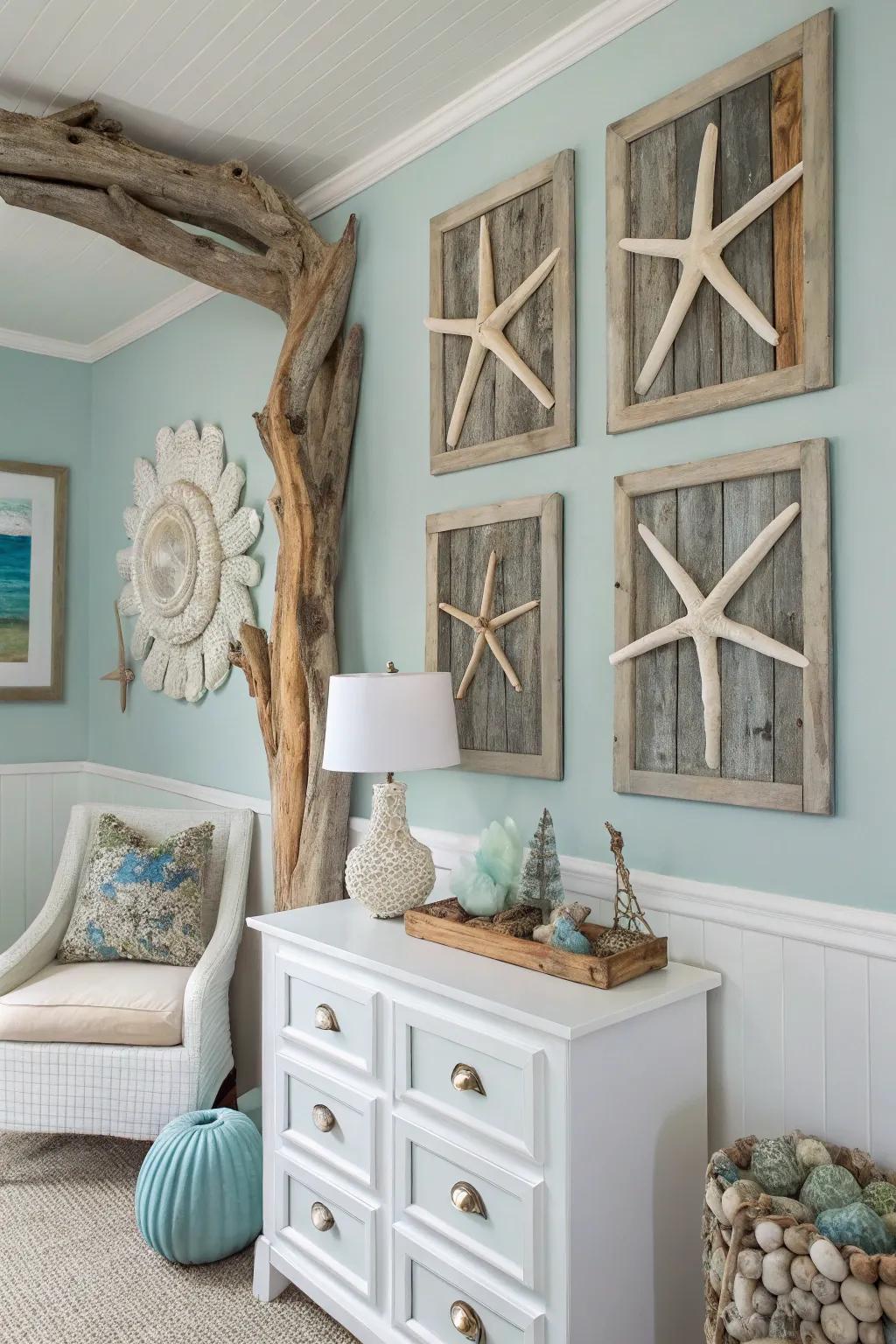 Driftwood artwork adds a rustic beach-like touch.