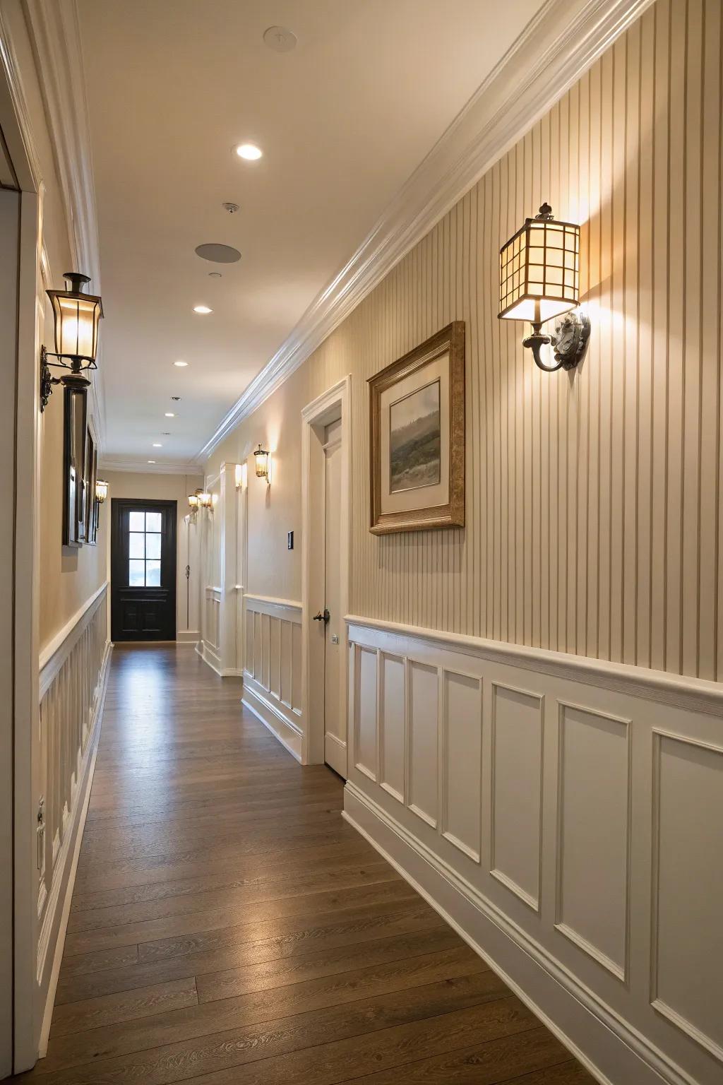 A glamorous hallway featuring painted beadboard walls.