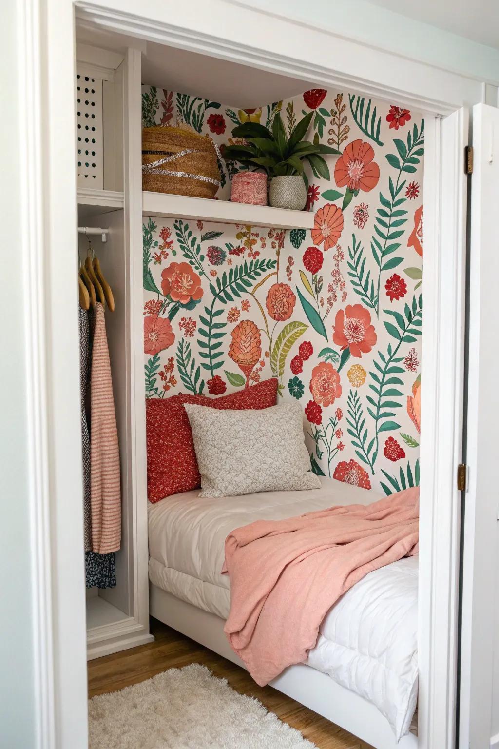 Wall covering introduces a vibrant flair to your closet sleeping quarters.