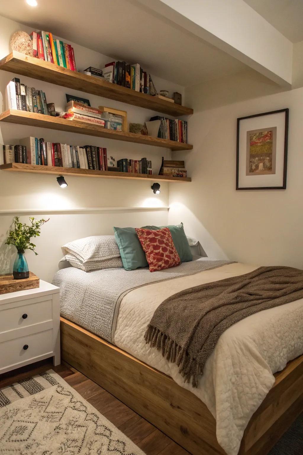 Floating shelves maximize storage and style in a corner setup.
