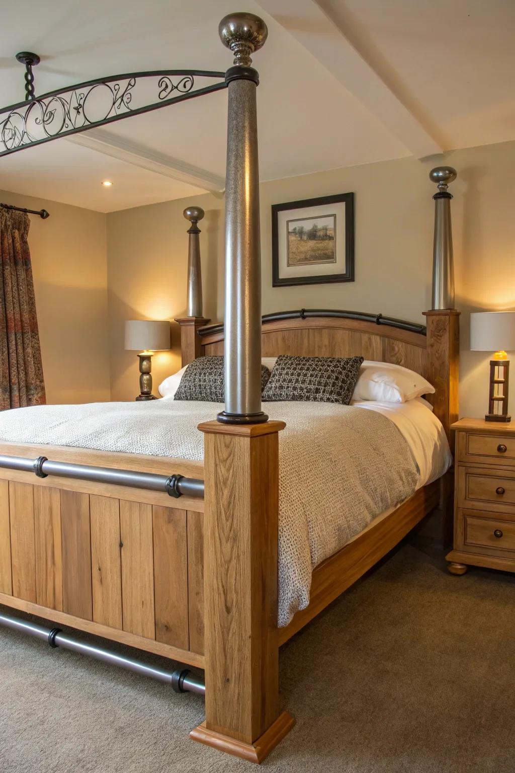 Mixed material bedposts provide a modern, eclectic aesthetic.