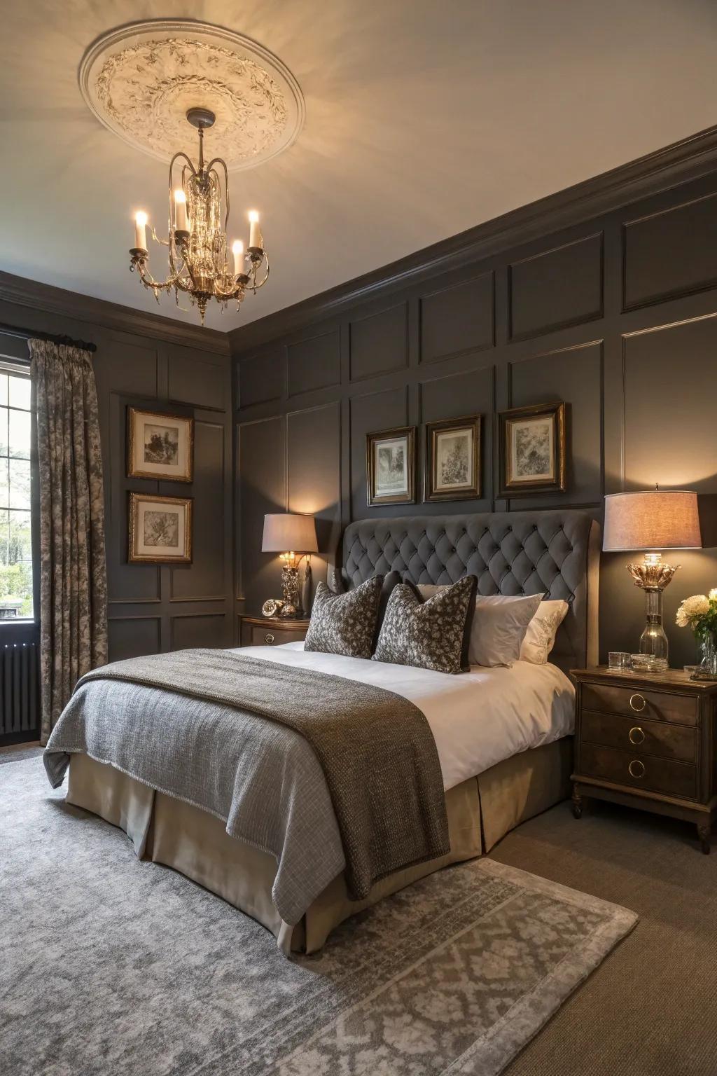 Brooding charcoals enrich your bedroom with drama and sophistication.
