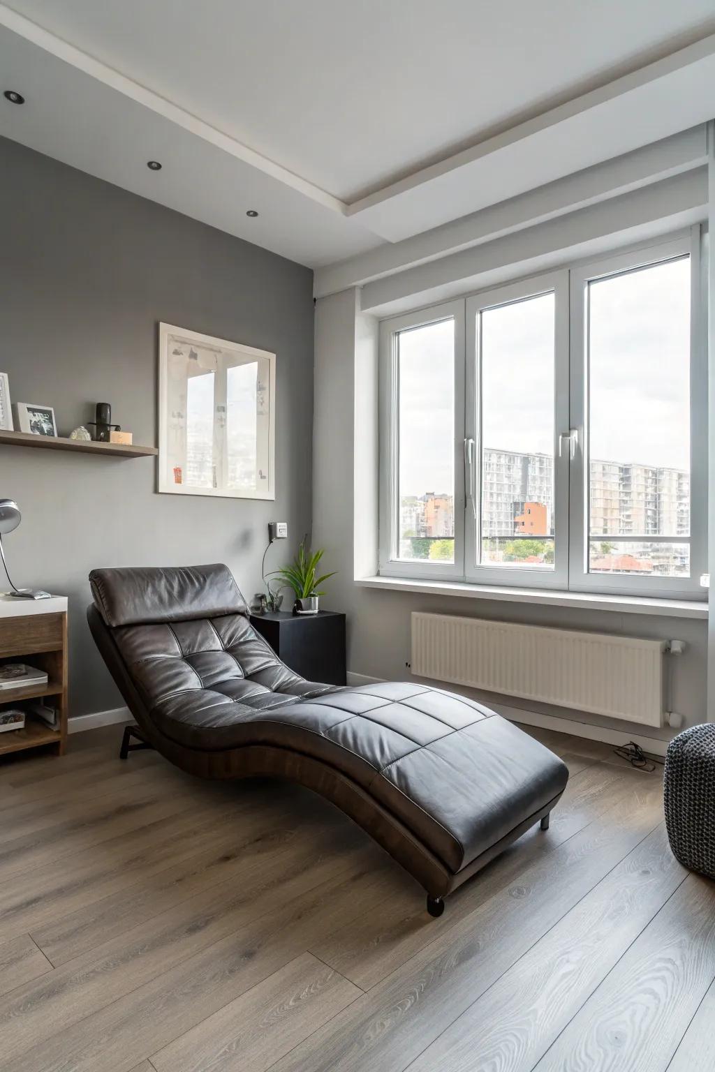 A sleek leather recliner in a bedroom, offering a comfortable option.