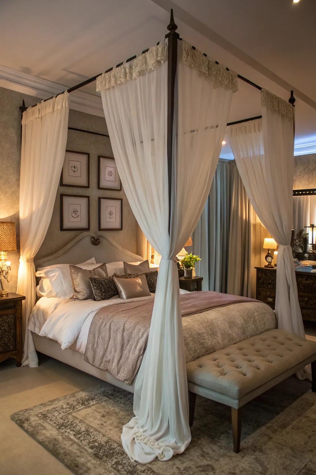 An overhead bedframe exudes elegance and drama.