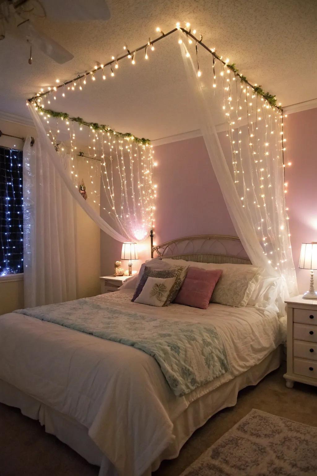Magical illumination adds a whimsical touch to bedroom decor.
