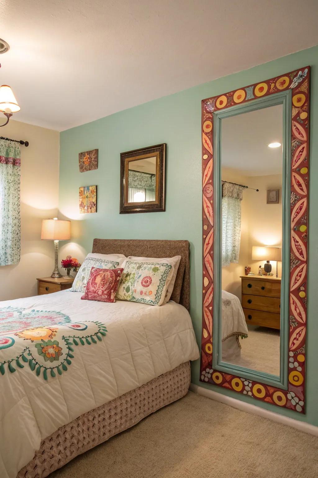 A DIY mirror project adds a personal touch to the bedroom decor.