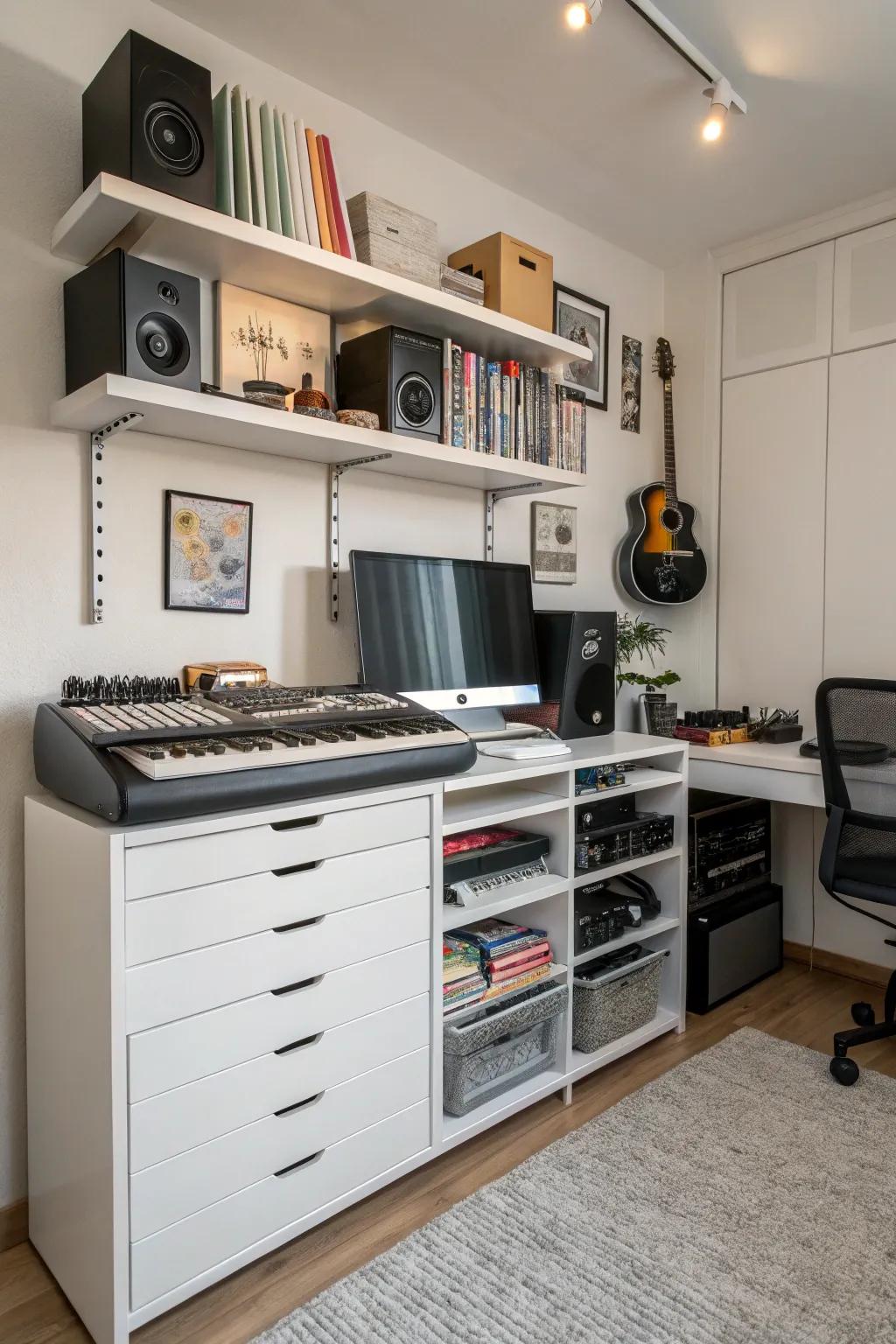 Under-desk storage aids in optimizing area management within your music studio.