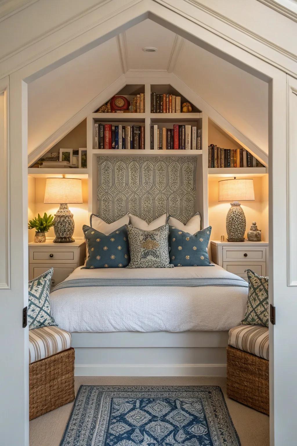 Symmetrical design elements create balance in this well-organized bedroom nook.