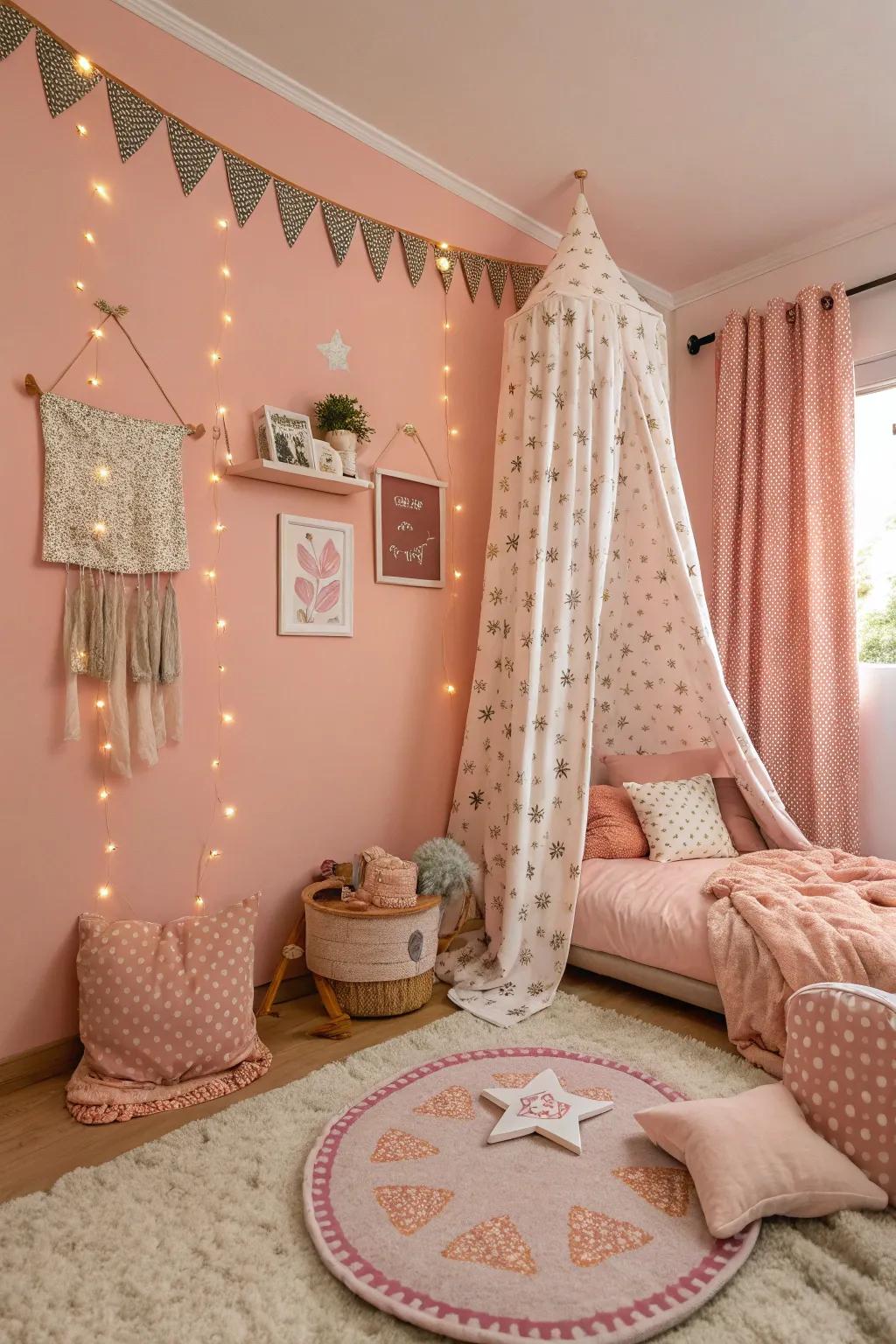 A playful bedroom with blush pink walls, blending youthful charm with elegance.