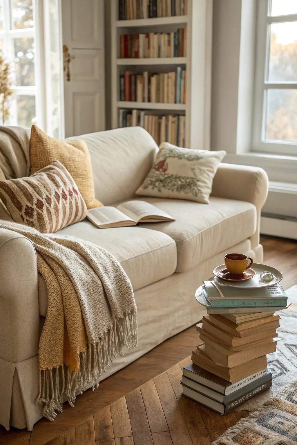 A charming reading corner with a wheat-toned sofa and ambient lighting.