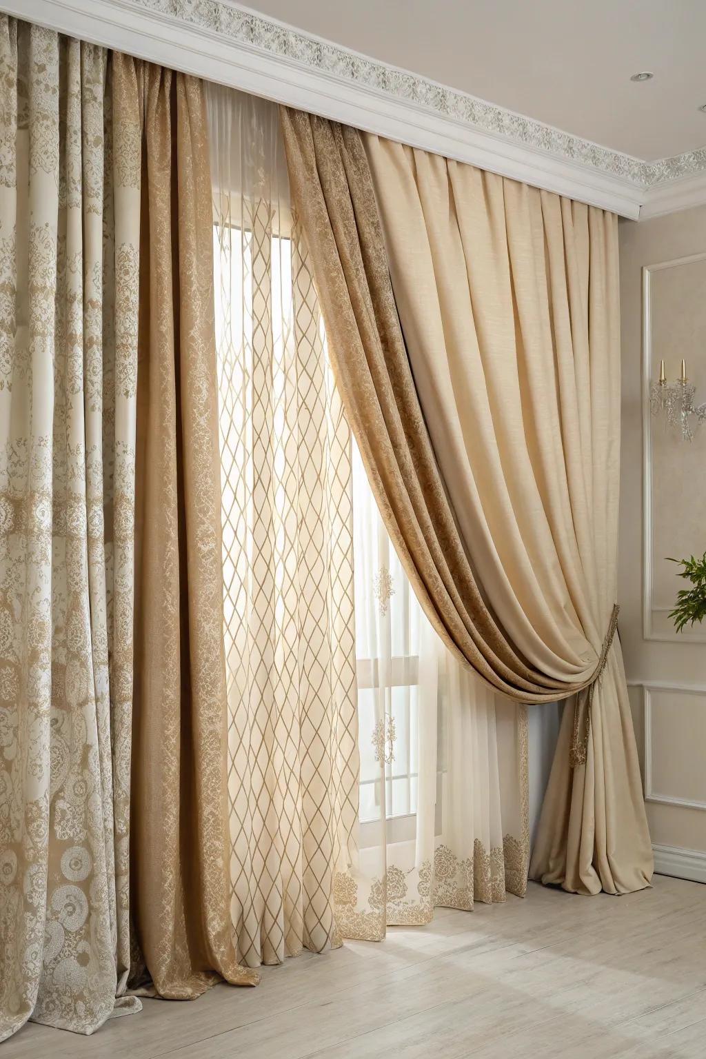 Layered drapes in beige tinges affix elegance and seclusion.