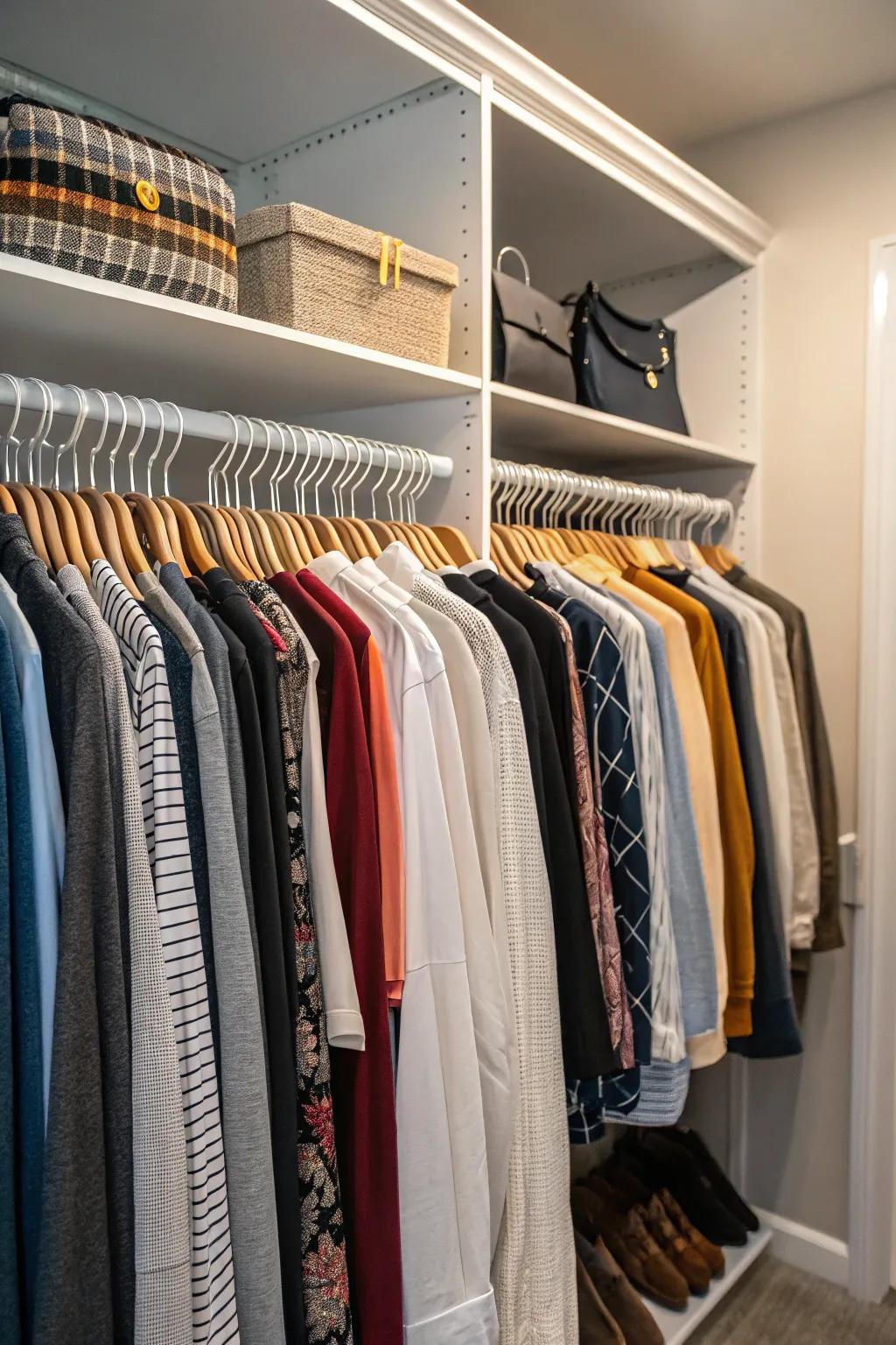 A closet with high-quality hangers neatly organizing clothes.