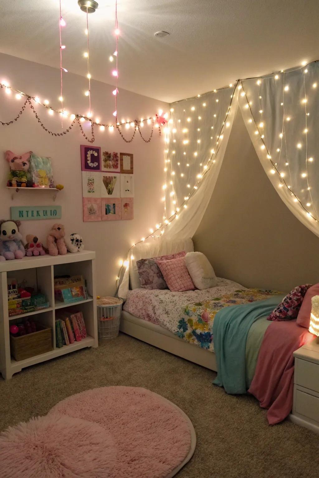 Hanging lights that contribute a magical shimmer to the space.