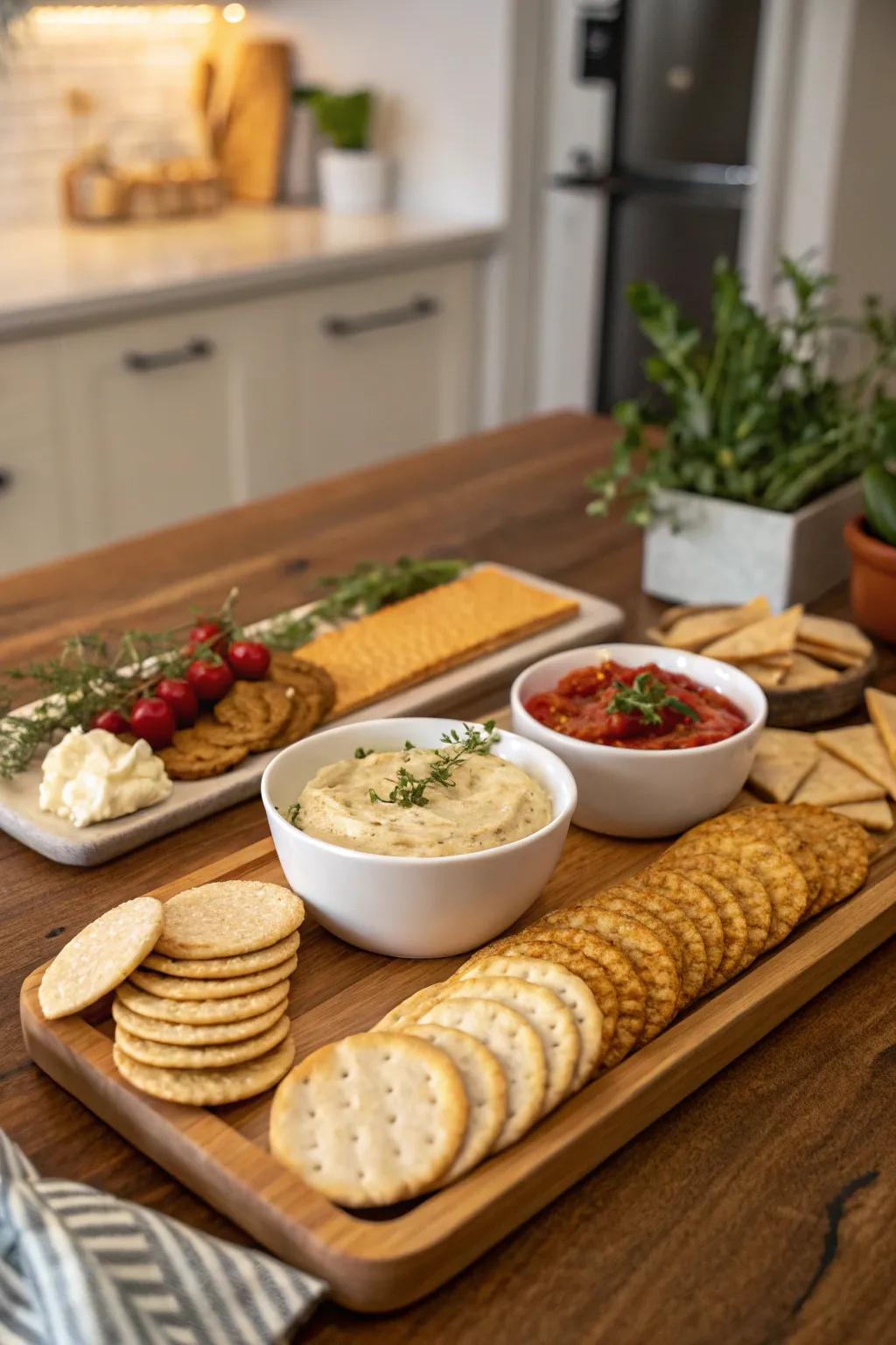 Gourmet crackers and dips offer delightful pairings for any occasion.