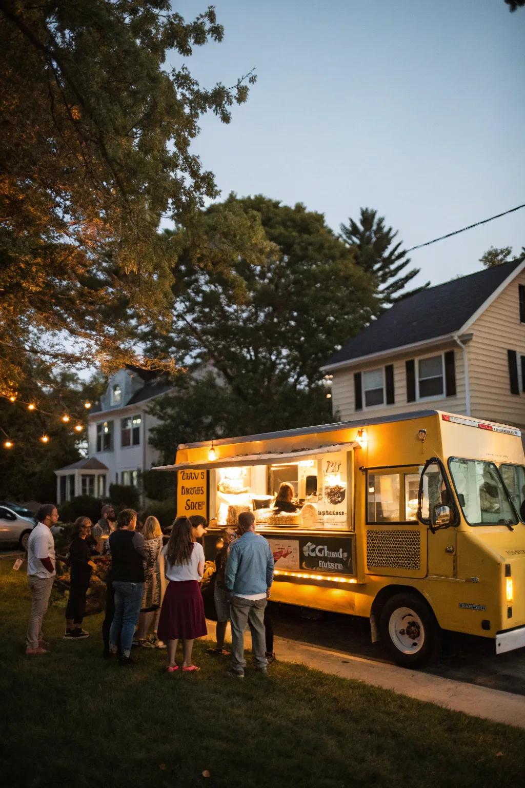 A food truck offering culinary delights at an outside party.