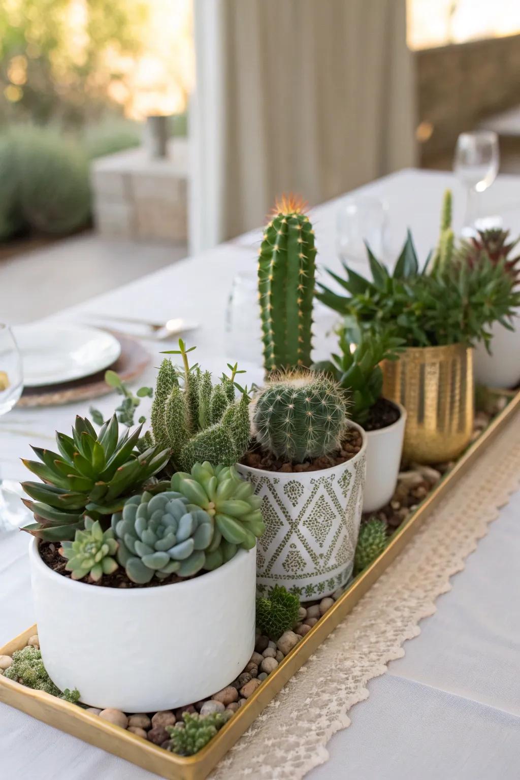 Succulents and cacti offer lush greenery alongside minimal maintenance.