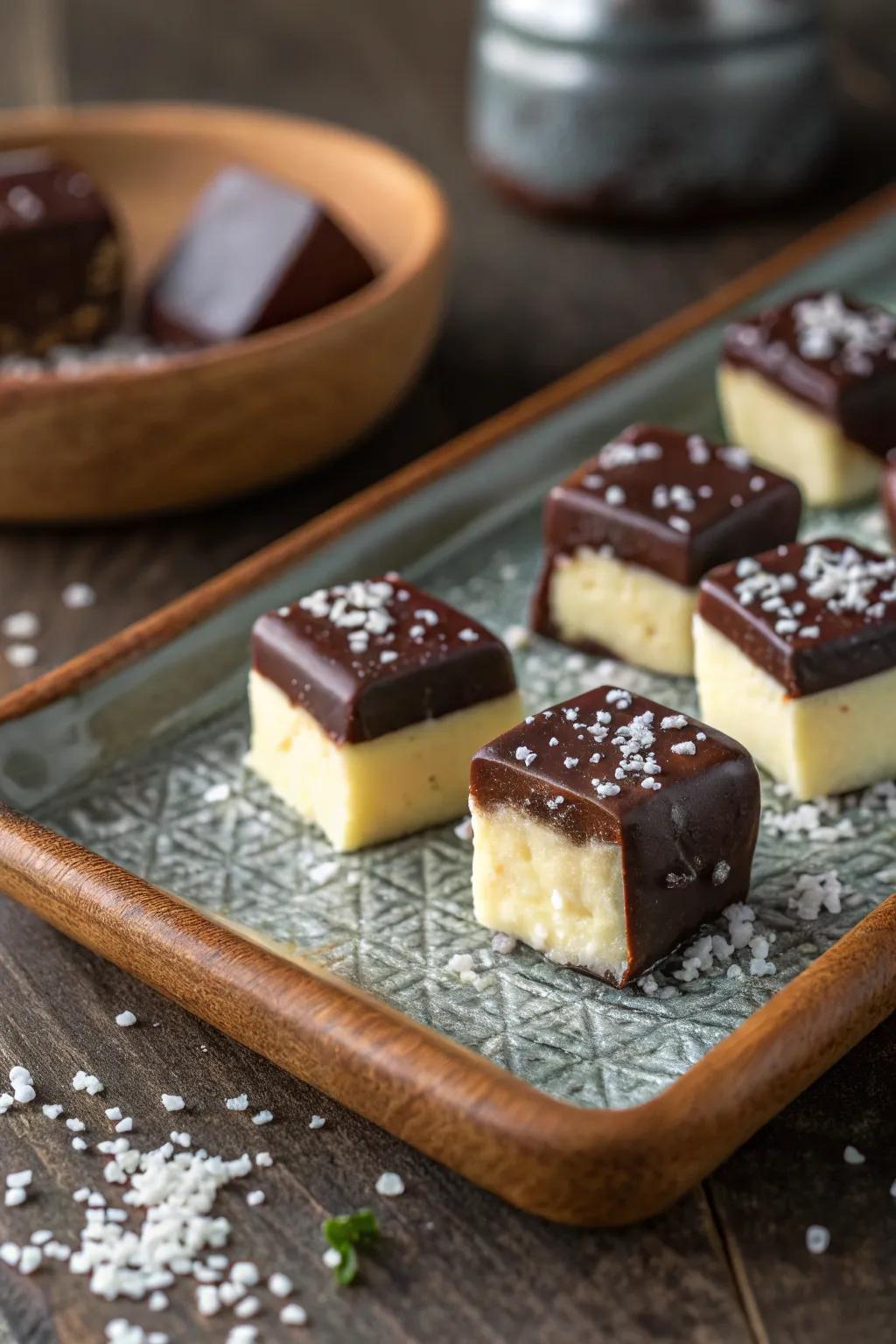 Unexpected chocolate-covered cheese, a unique treat.