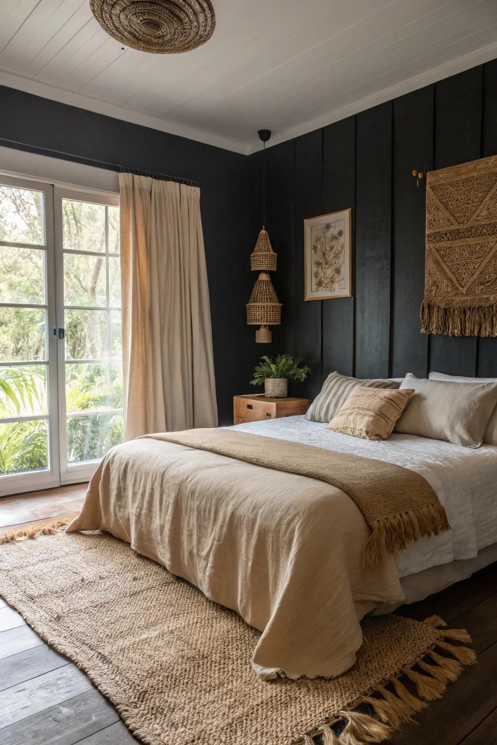 Earthy fabrics balance the intensity of a black statement wall within this serene bedroom.