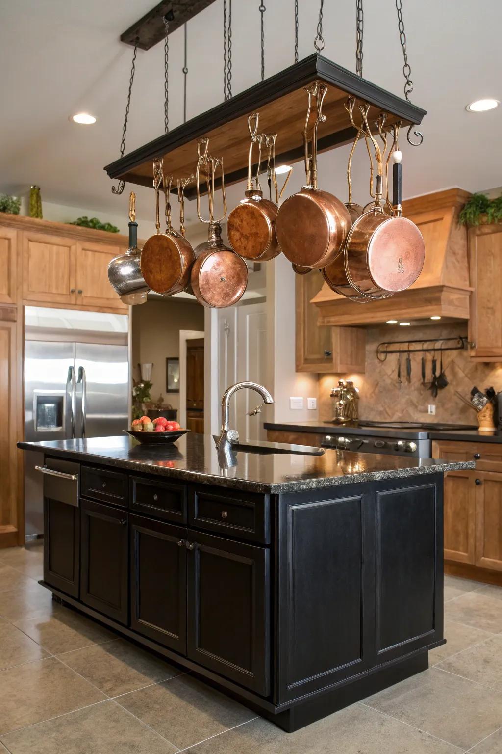 Hanging copper pot racks introduce both rustic charm and practical utility.