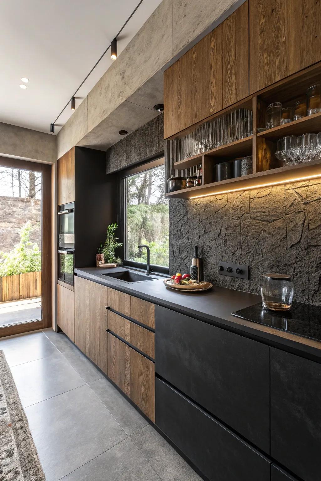 Surfaces introduce profundity to ebony countertops.