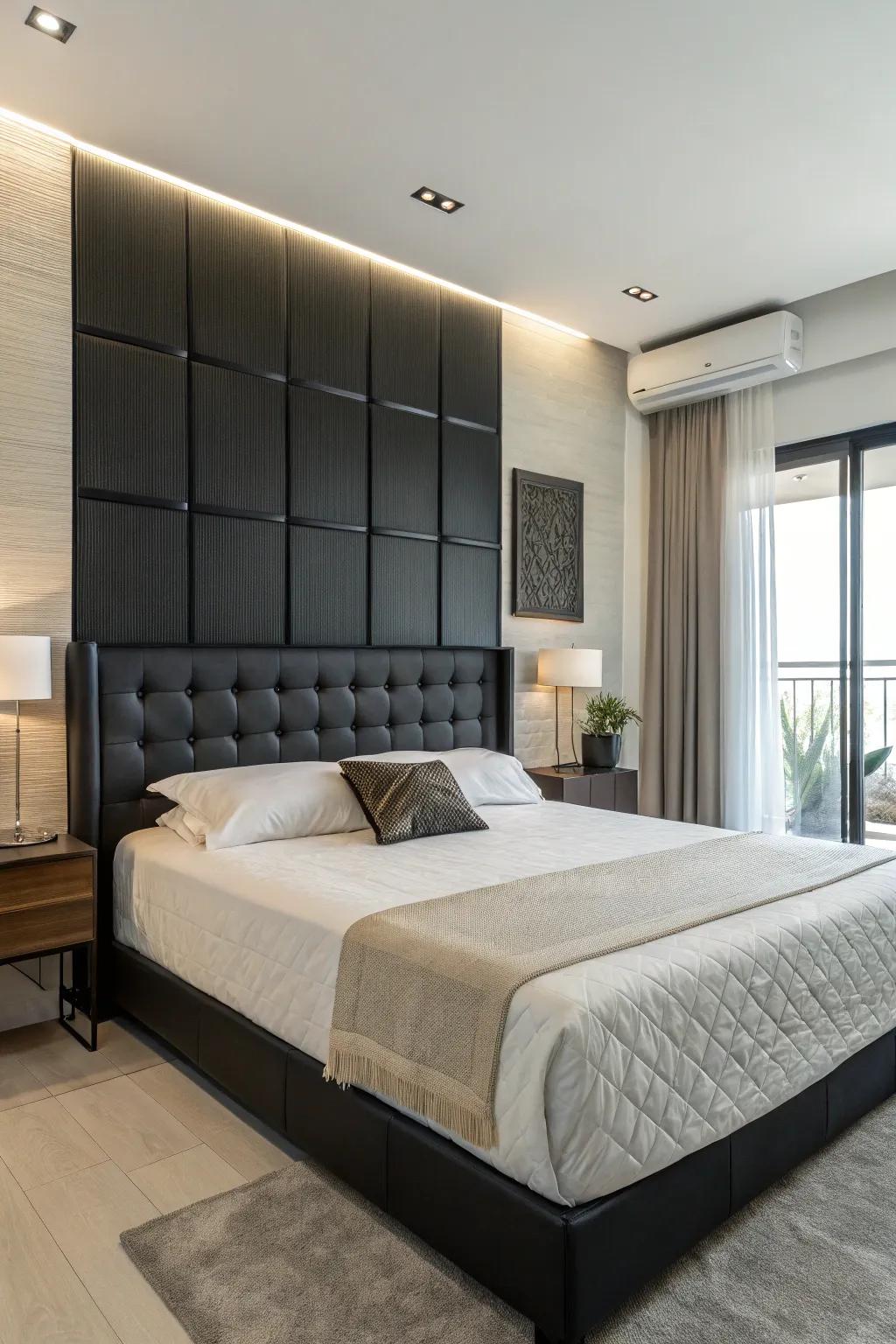 Minimalist bedroom featuring a striking dark headboard