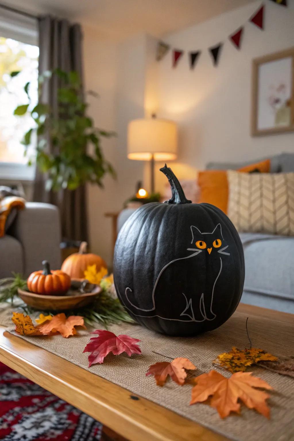 A black pumpkin with a cat design, adding a playful twist to Halloween décor.