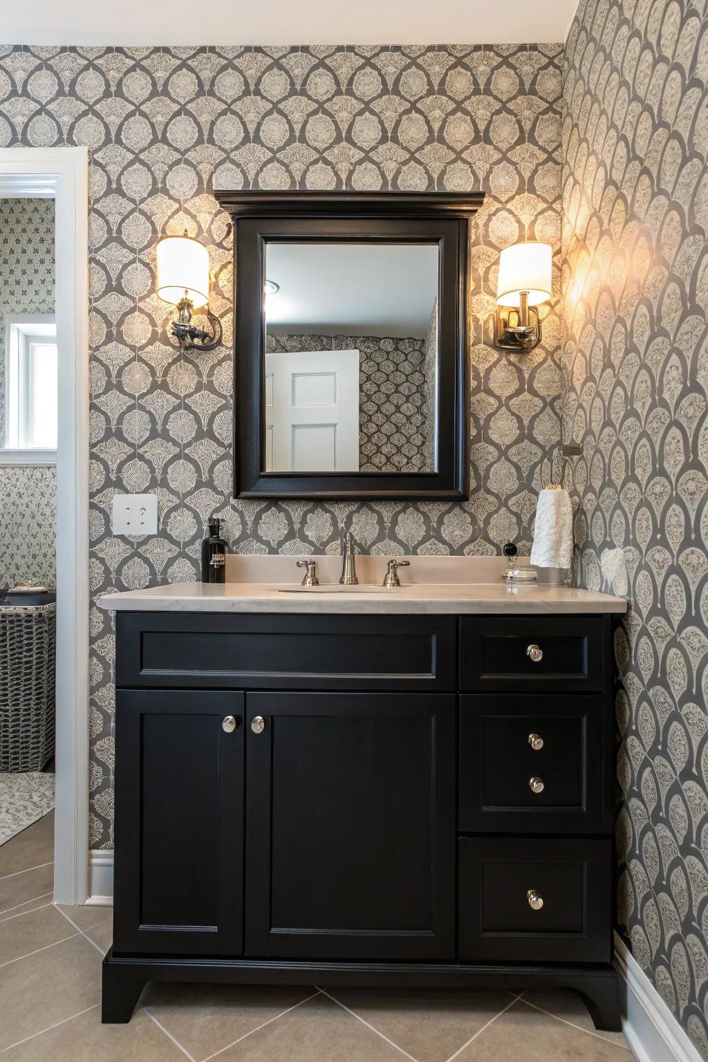 Designed wall covering brings a playful and personalized touch to a dark sink console bathroom.