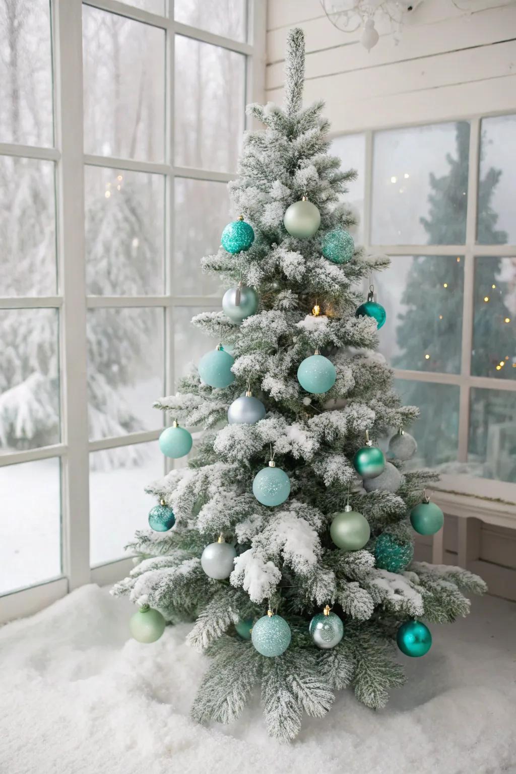 A powder blue and mint tree channeling snowy winter bliss.