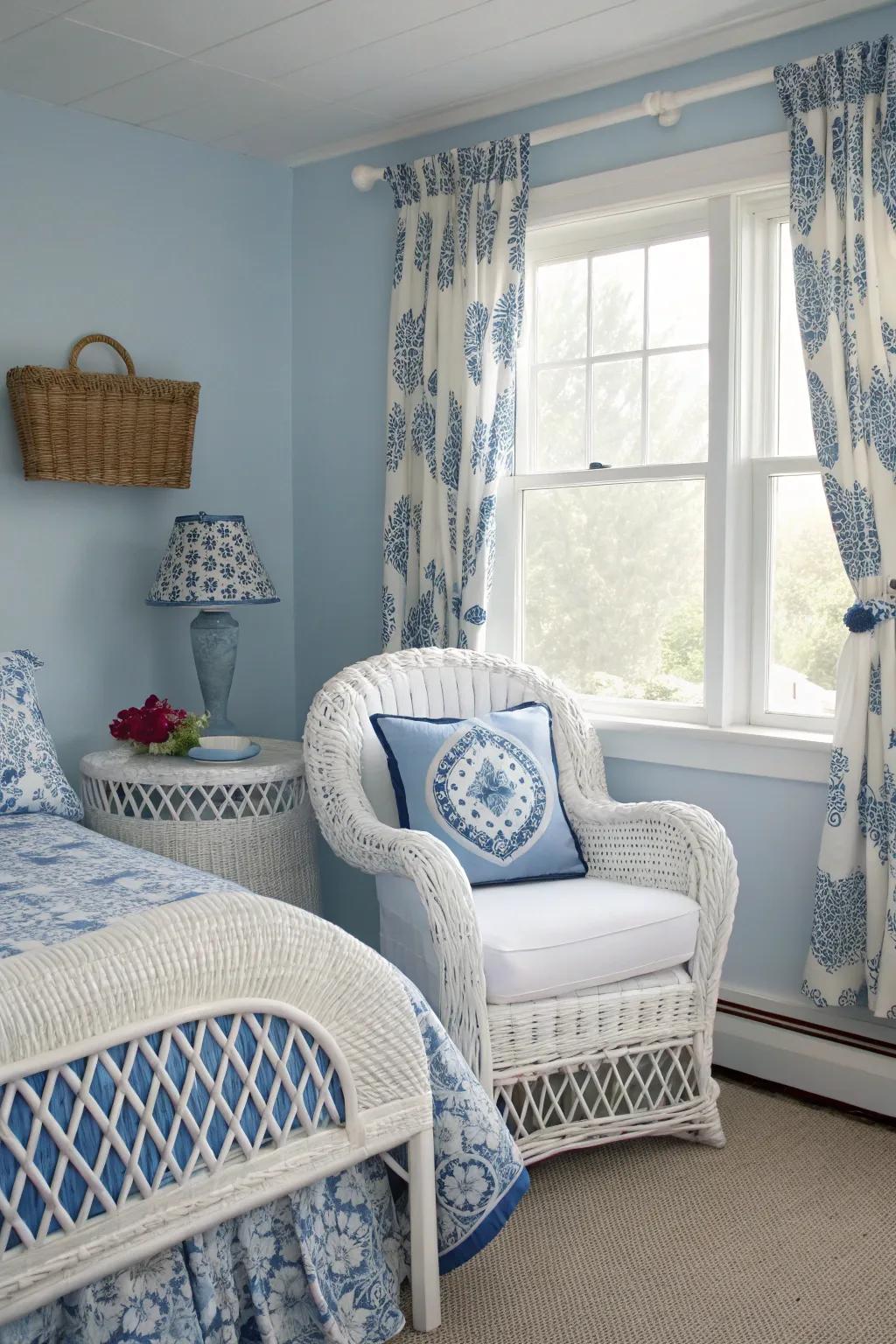 White basket weave furnishings introduce a cozy and traditional feel.