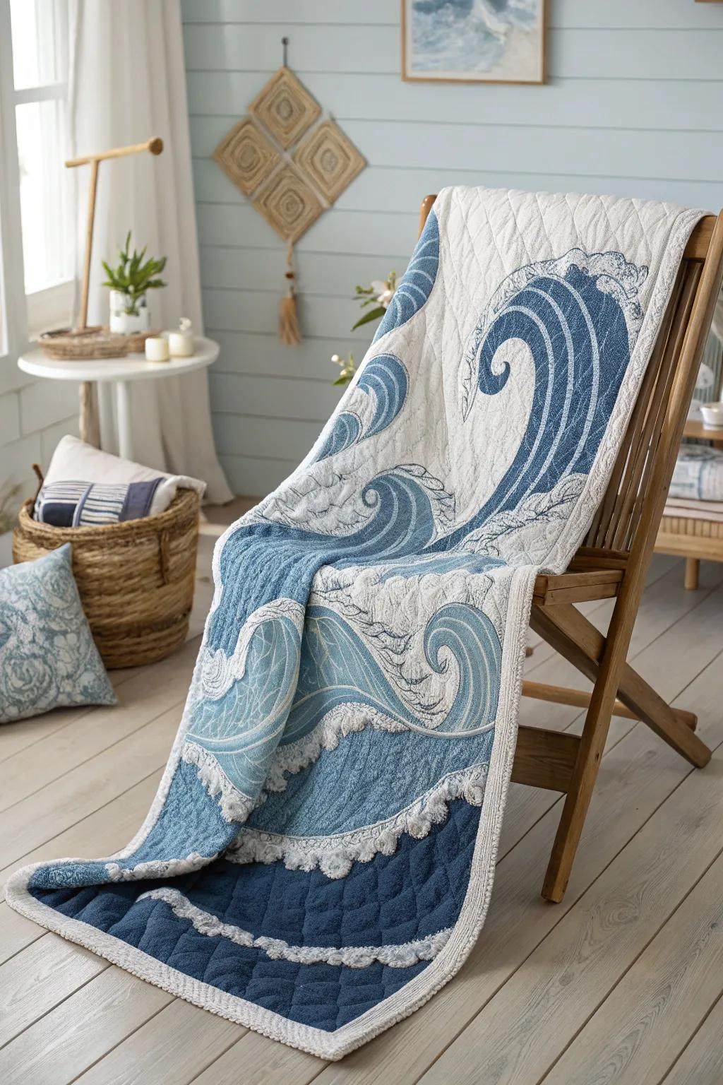 Embrace the serenity of the sea through this tidal swell quilt, perfect for a tranquil escape.