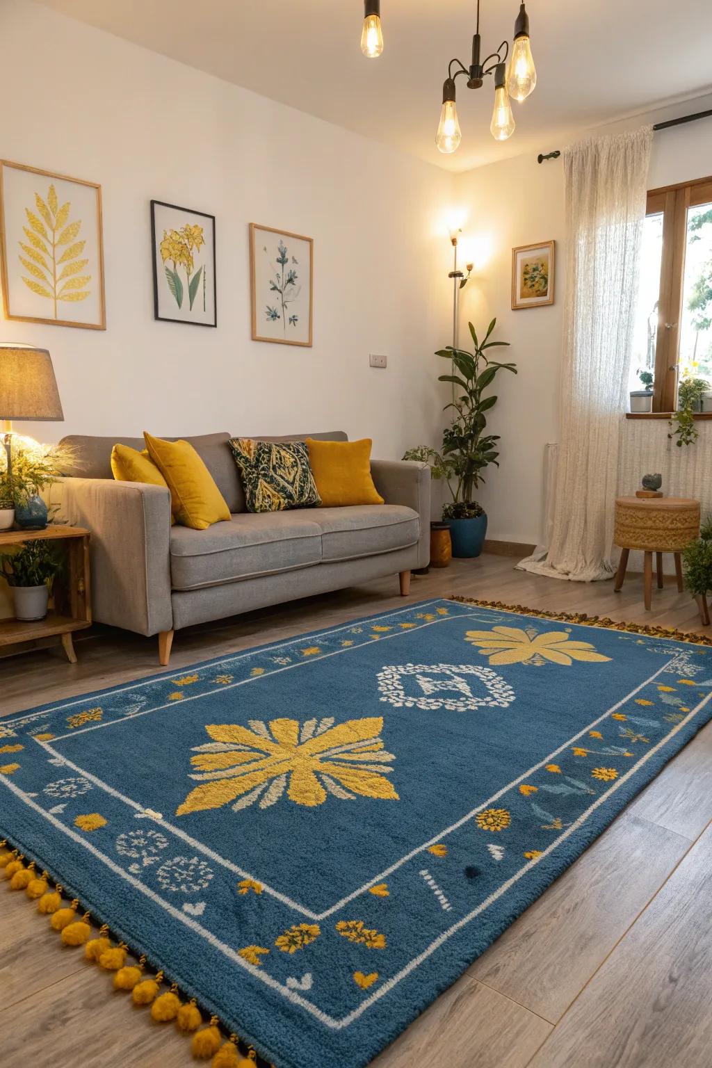 A statement rug in sea with lemon accents anchoring the living room.