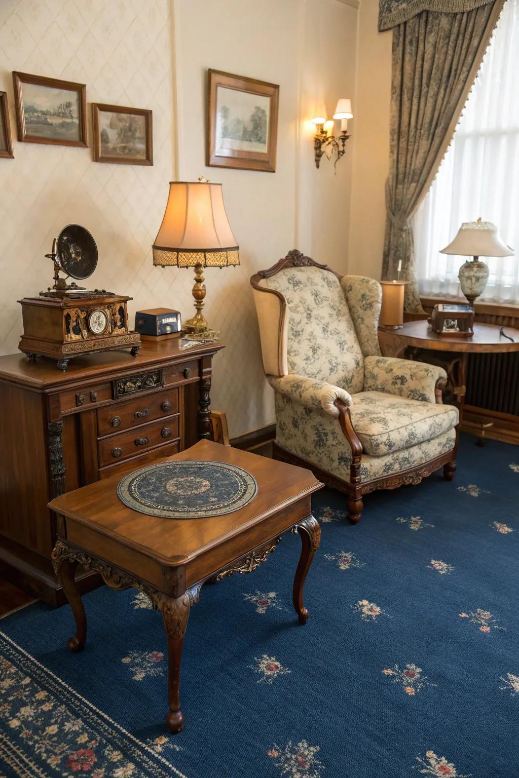 Vintage furnishings and blue carpet amalgamate for a sentimental, timeless visual.